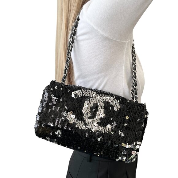 CHANEL Vintage CC Mark Logo Shoulder Bag Sequins Chain Black Leather  [106348] - Picture 1 of 14